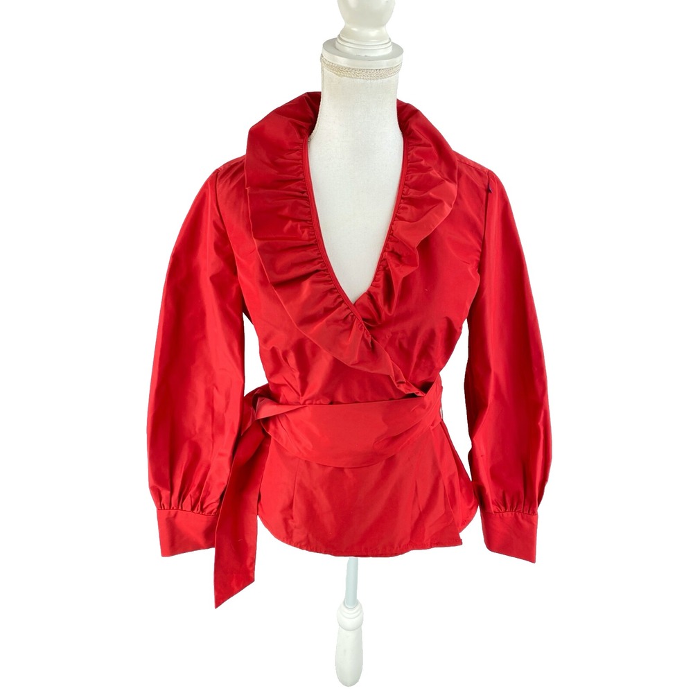 J.‎ PETERMAN Top Womens Red Flamenco Ruffle Self Tie Wrap Blouse Size 8
